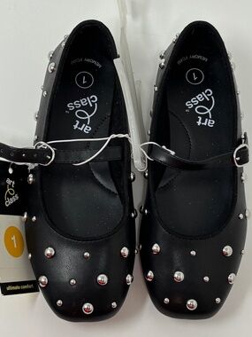 Art Class Girls Size 1 Ballet Flats with Adjustable Strap Black Silver Studs